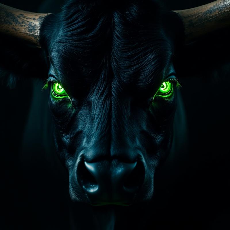 Bull with glowing green eyes